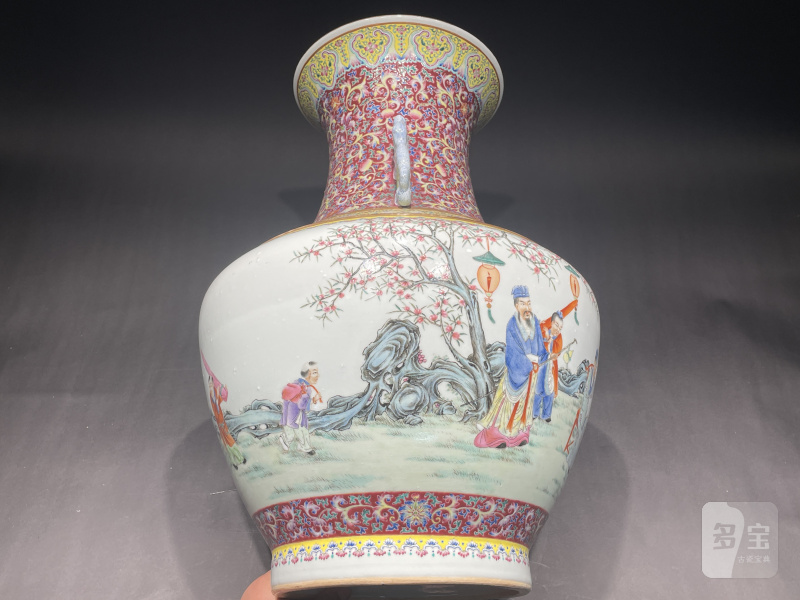 清光绪 洋彩宝相花桃村夜宴图双龙耳大尊 - 图5